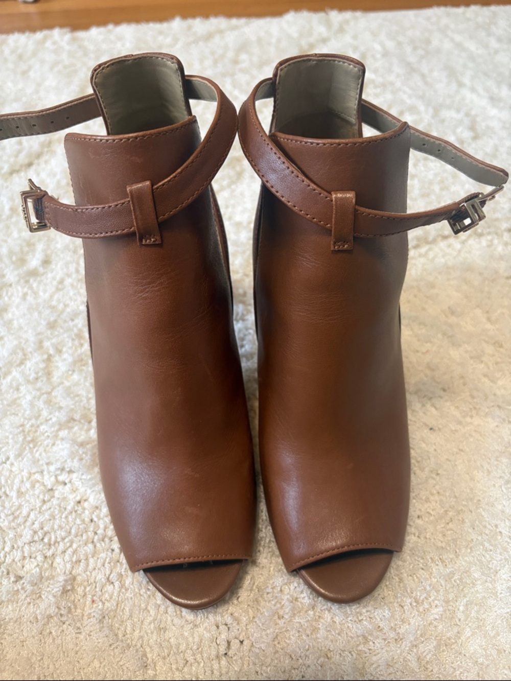 Michael Kors Tan Brown Peep-Toe Ankle Booties with Buckle - Picture 2 of 6